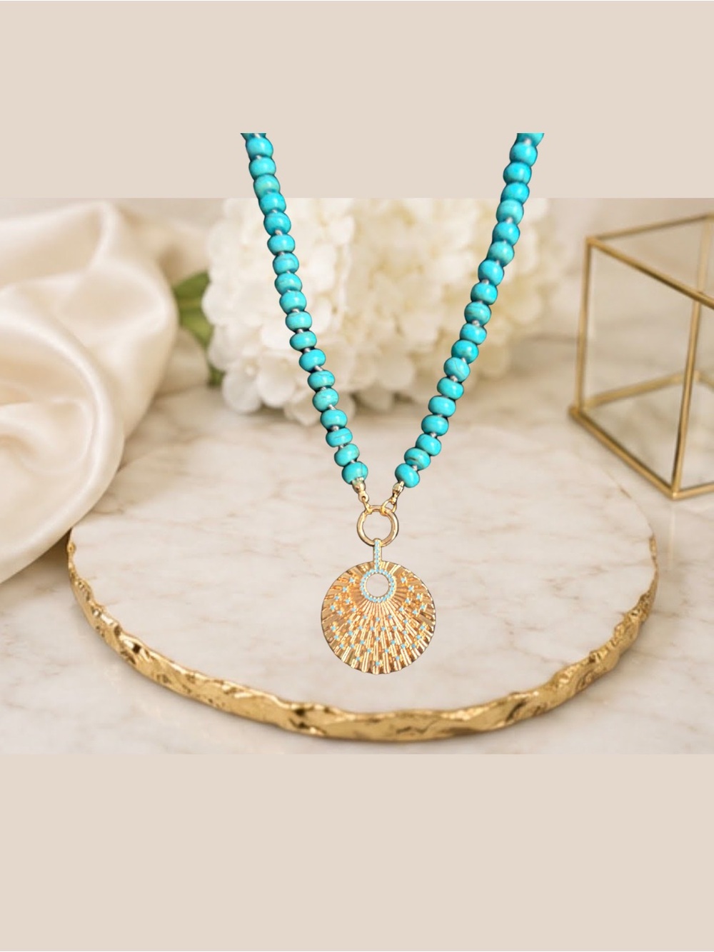 Marlyn Schiff Turquoise Beaded Necklace with Gold Disc Pendant
